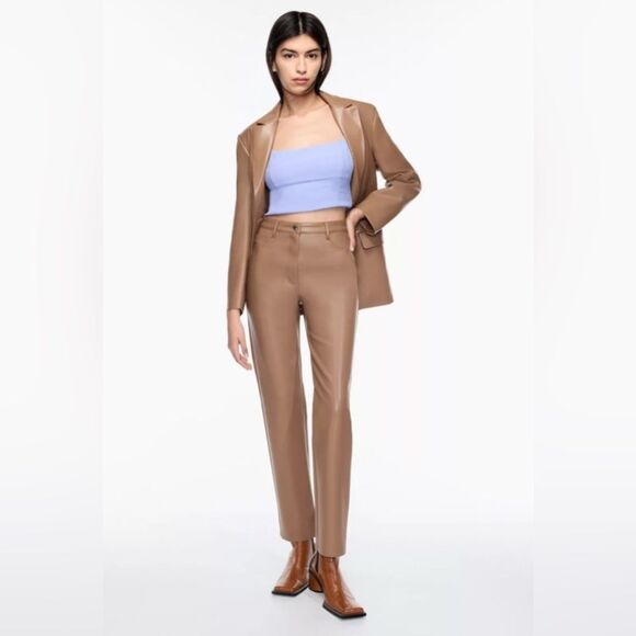 ARITZIA Wilfred The Melina High Waisted Vegan Leather Pants Taupe Size 8 Tall - Picture 3 of 14